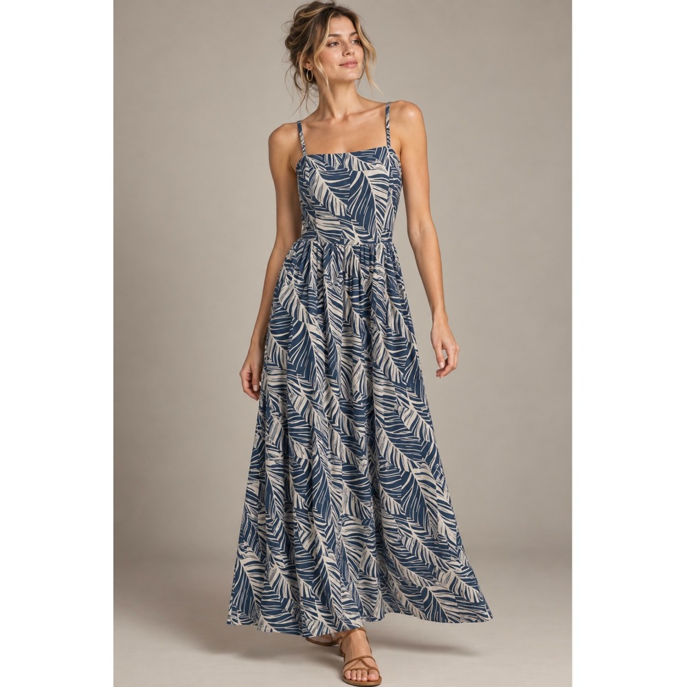 NWT As U Wish Maxi Dress Large Blue White Palm Leaf Print Smocked Back Coastal